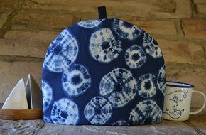Artisanal Cotton Insulated Japanese Tie Dye Indigo Tea Cozy - Marine Life or Cosmos - Medium only