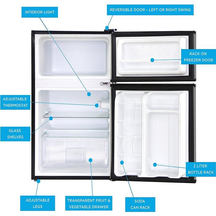 Avalon by Keyton Refrigerator & Freezer with Double Doors - 3.1 Cubic Feet, Compact, Adjustable Legs, Interior...