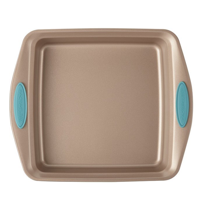 Rachael Ray Cucina Bakeware 9-Inch Square Cake Pan, Latte Brown with Agave Blue Handles