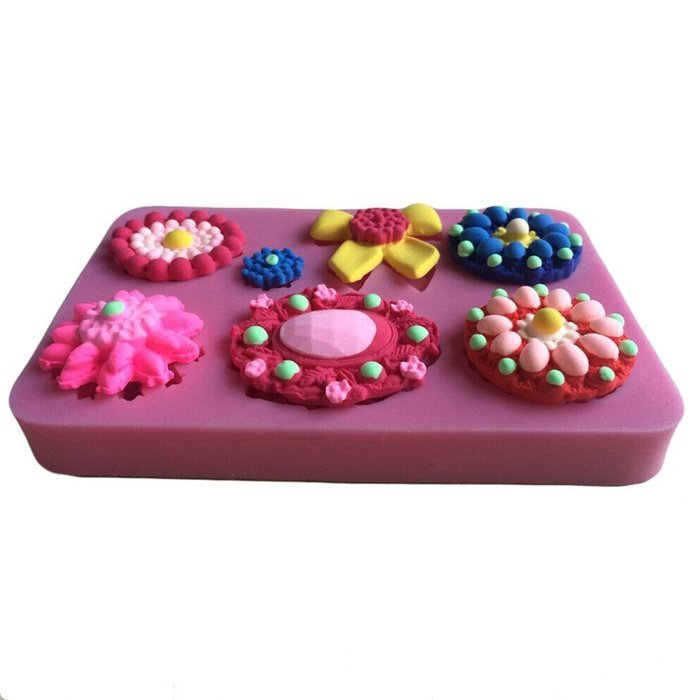 FLY Different Flowers Brooch Shape 3D Silicone Fondant Cake Mold Cake Decorating,Pink N5