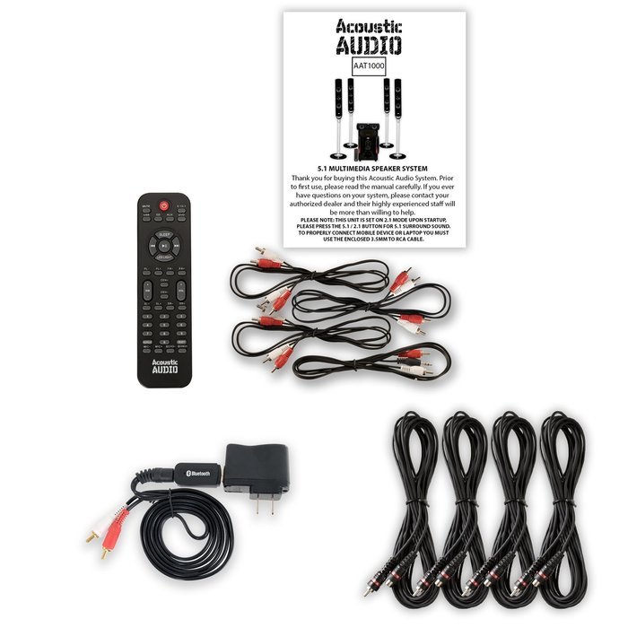Acoustic Audio AAT1000 Tower 5.1 Home Speaker System with Bluetooth and 4 Extension Cables