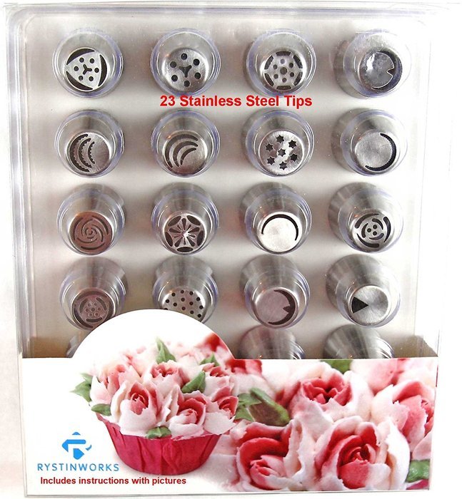 Rystinworks Russian Piping Pastry Tips - 23 Piece Set - Stainless Steel - With Instructions - Five bags Included...