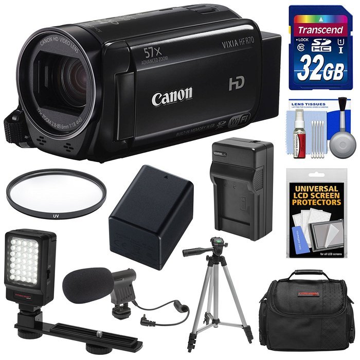 Canon Vixia HF R70 16GB Wi-Fi 1080p HD Video Camcorder with 32GB Card + Battery & Charger + Case + Tripod + LED...