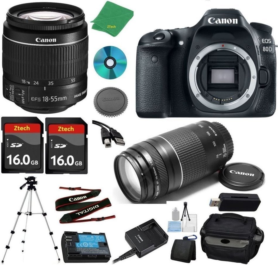 Canon EOS 80D Camera with 18-55mm IS STM Lens + 75-300mm III Zoom + 2pcs 16GB Memory + Camera Case + Card Reader...