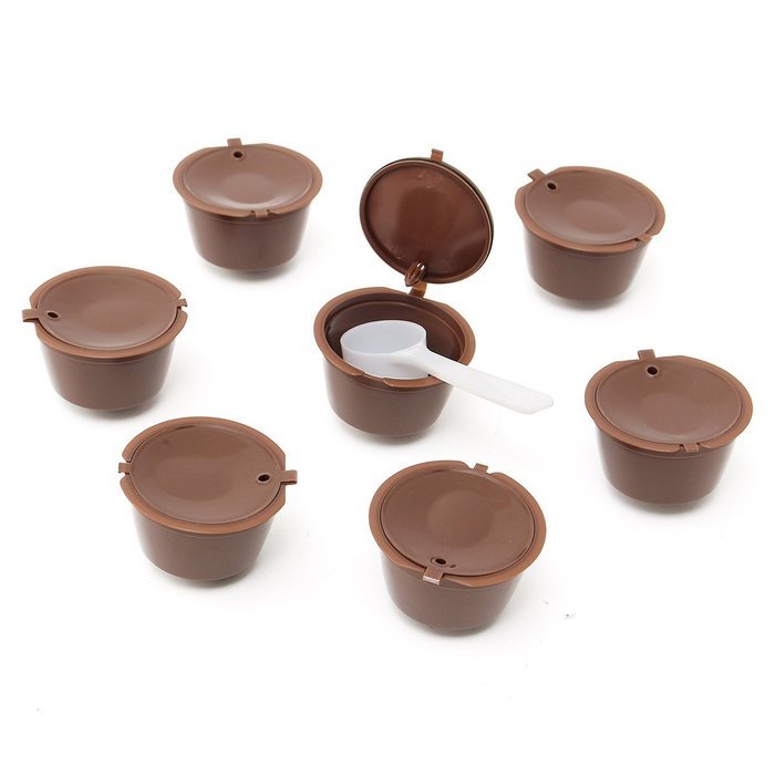 KINGSO 7pcs Reusable Coffee Capsules Cups Coffee Filters Cup Holder with Plastic Spoon for Dolce Gusto N2