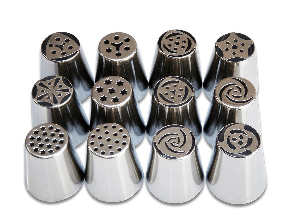 SWISS PART 12pcs Stainless Steel Russian Cake Decorating Icing Tips Kit Extra Large Pastry Piping Nozzles and... N2