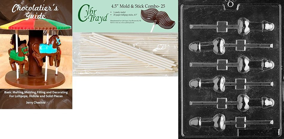Cybrtrayd 'Small Pecker Pop' Adult Chocolate Candy Mold with 25 4.5-Inch Lollipop Sticks and Chocolatier's Guide