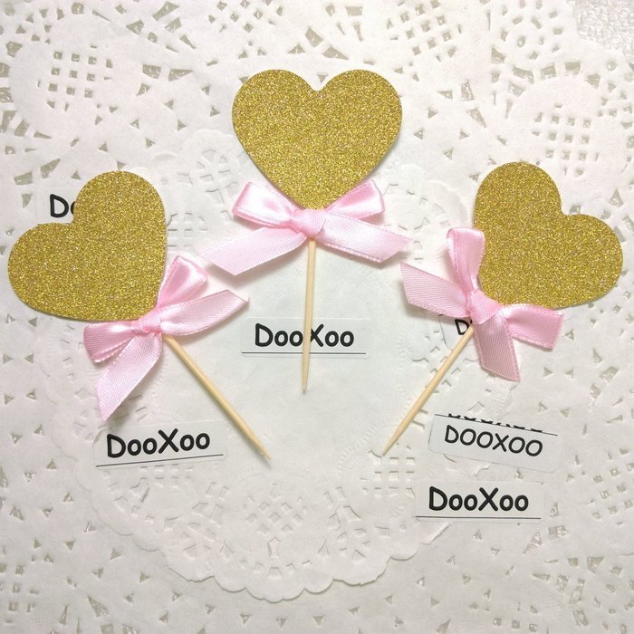 DOOXOO Gold Glitter Heart Pink Bow Cupcake Toppers Heart Toppers Gold Glitter Hearts Wedding Cupcake Toppers Wedding...