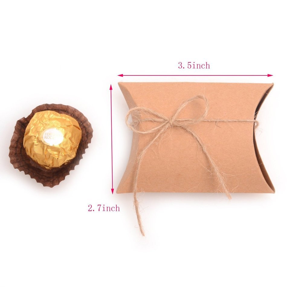 Mandydov 100pcs Anti-Scratch Kraft Paper Pillow Box Gift Candy Box with Twine for Wedding Party Favor