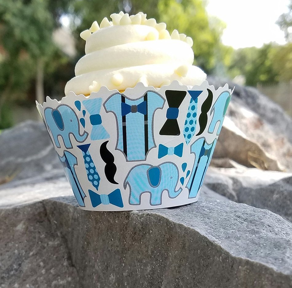 Baby boy elephants and bow ties ADJUSTABLE Baby Shower Cupcake Wrappers - Set of 12 - SW206 elephants, bow ties...