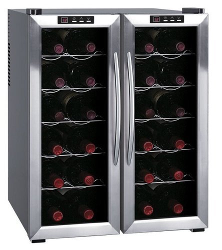 24-bottle Double-Door Dual-Zone Thermo-Electric Wine Cooler with Heating