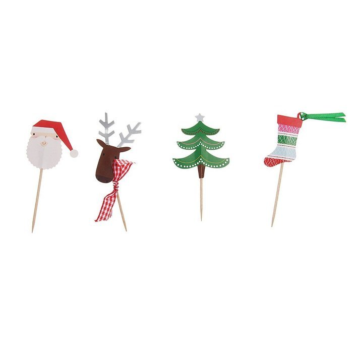 Pack of 24 Christmas Cake Toppers Picks Santa Claus Tree Deer Sock Home Party Decor N3