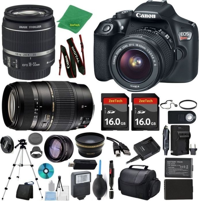 Canon Rebel T6 Camera + 18-55mm IS + Tamron 70-300mm AF + 2pcs 16GB Memory + Case + Reader + Tripod + ZeeTech...