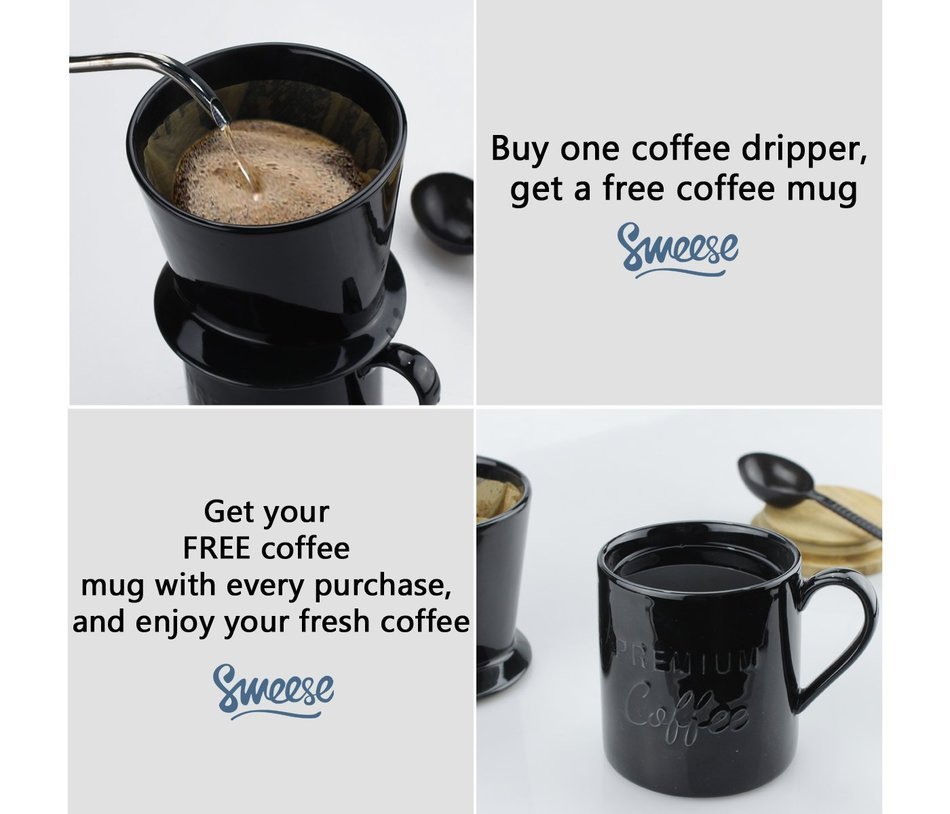 Pour Over Coffee Dripper - with Bonus Porcelain Mug, Black - by Sweese N3