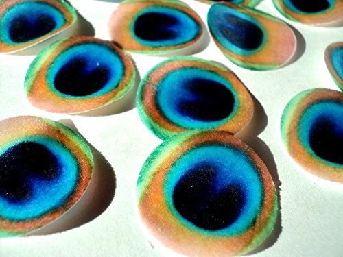 48 round very small 1" Green Edible Decorative Wafer Paper Peacock Feathers &copy; Wedding Cake Cupcake Toppers