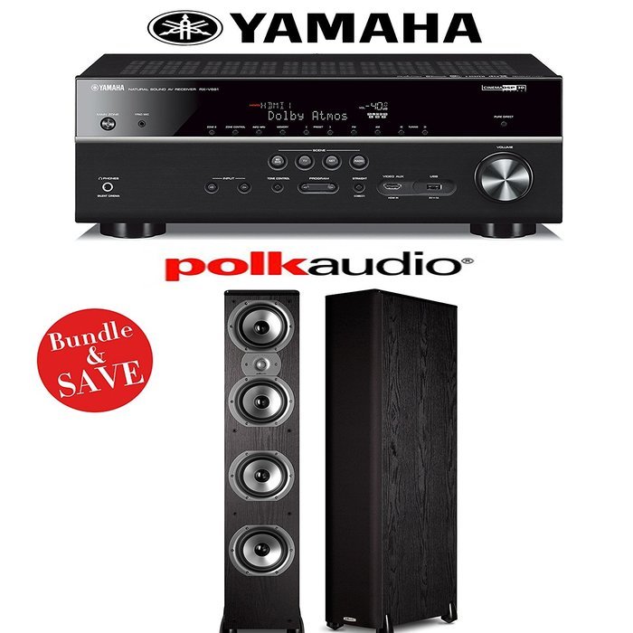 Yamaha RX-V681BL 7.2-Channel 4K Network A/V Receiver + (1) Pair of Polk Audio TSi 500 High Performance Floorstanding...