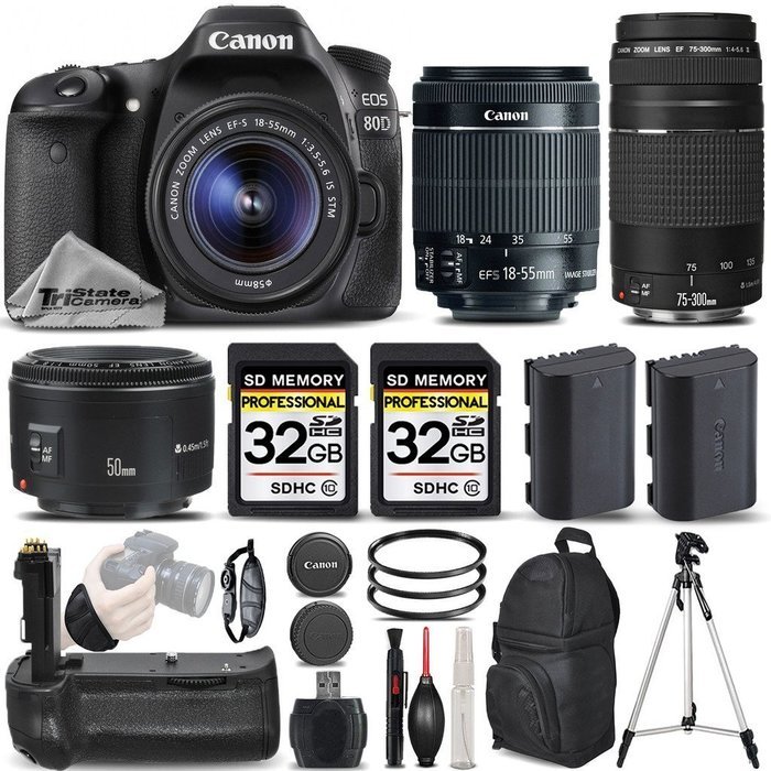 Canon EOS 80D Wi-Fi Full HD 1080P Digital SLR Camera + Canon 18-55mm IS STM + Canon 75-300mm III + Canon 50mm...