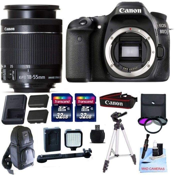 Canon EOS 80D+ Canon 18-55mm f/3.5-5.6 IS STM + 2 32GB Transcend SD Memory Cards + LED Video Light Kit & More...