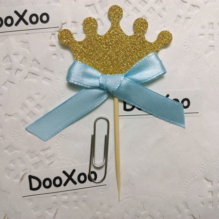 DOOXOO Crown Cupcake Toppers Blue Bow Gold First birthday party 12 Party cake toppers Gold glitter cupcake toppers...