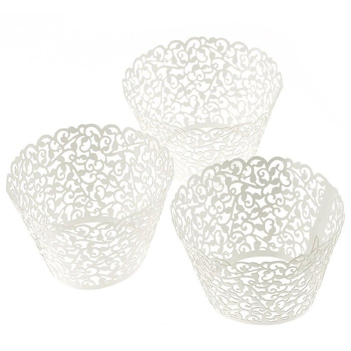 Tinksky Vine Filigree Lace Cupcake Wrapper Wraps Liner Wedding Party Cake Decoartion, Pack of 50 (White)