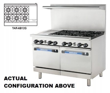 Turbo Air TARG-6B12G-LP 48" Range with 6 Open Burners 12" Griddle Heavy Gauge Welded Frame Stainless Steel Construction...