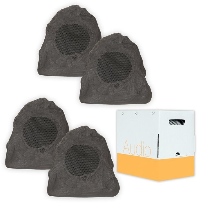 Theater Solutions 4R4L Outdoor Lava Rock 4 Speaker Set with Wire for Deck Pool Spa Patio Garden