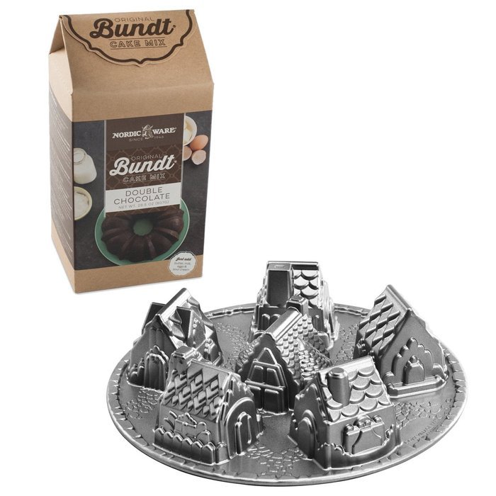Nordic Ware Cozy Village Cast Aluminum Cake Pan with Double Chocolate Cake Mix