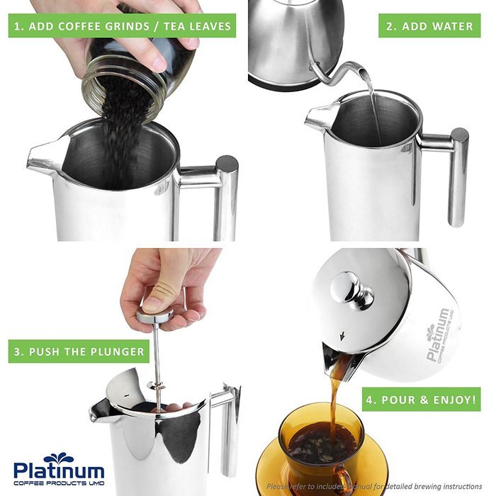 Platinum French Press Coffee Stainless Steel Double Wall 1000ml / 34OZ 1 Liter Insulated Double Wall. Makes 8... N3