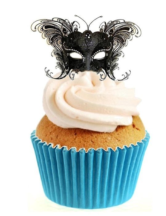 Novelty Masquerade Mask Black 12 Edible Stand up wafer paper cake toppers (5 - 10 BUSINESS DAYS DELIVERY FROM...