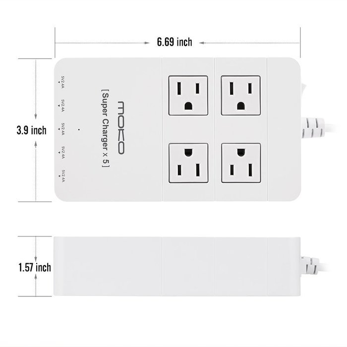 MoKo 1250W 4-Outlet Home / Office Power Strip Surge Protector With 5-Port USB Smart Charger and 4.6 Feet Power... N4