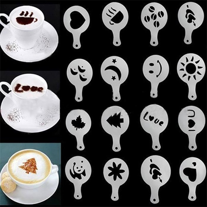 16pcs Cappuccino Coffee Stencils Template Strew Pad Duster Spray N4