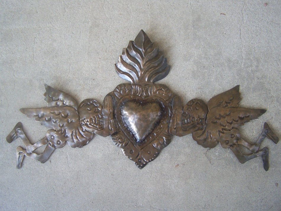 Aged Tin Day of the Dead 3D Door Ornament with Angels Sacred Heart, Brown Patina