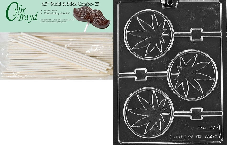 Cybrtrayd 45St25-M237 Marijuana Lolly Miscellaneous Chocolate Candy Mold with 25 Cybrtrayd 4.5-Inch Lollipop Sticks