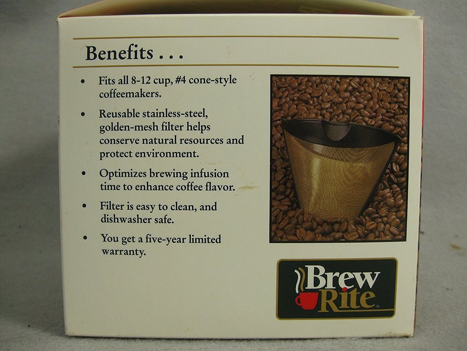 Permanent #4 Cone Replacement Gold Coffee Filter 8 / 10 / 12 Cup Fits Braun / Cuisinart / Mr Coffee (Universal) N2