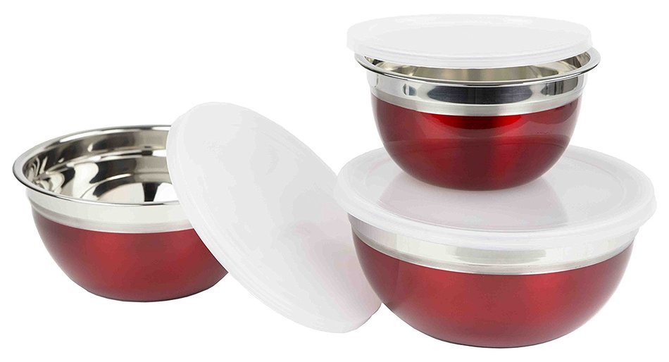 Home Basics 3PC Mixing Bowl Set with Lids, Red
