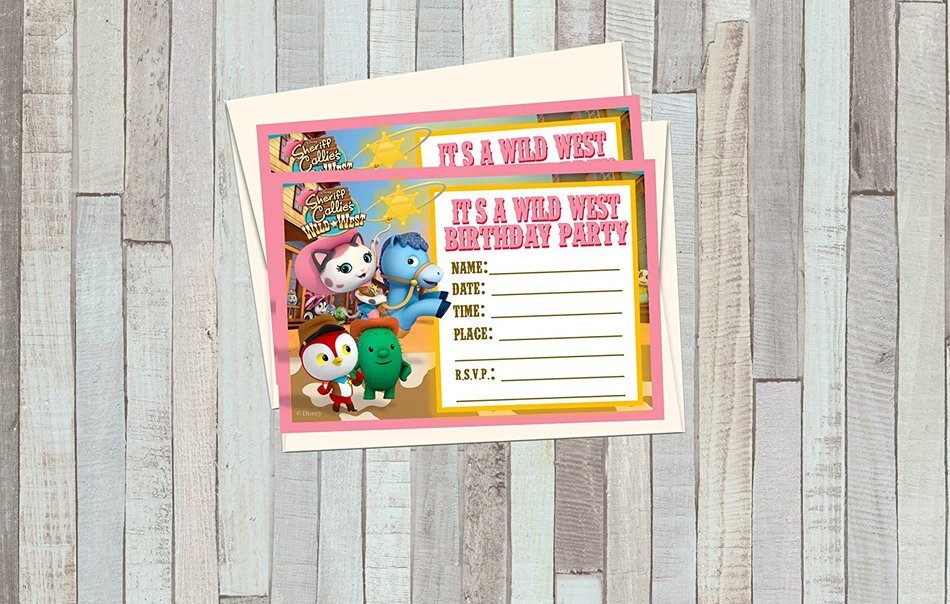 12 SHERIFF CALLIE Birthday Invitations (12 5x7in Cards, 12 matching white envelopes)