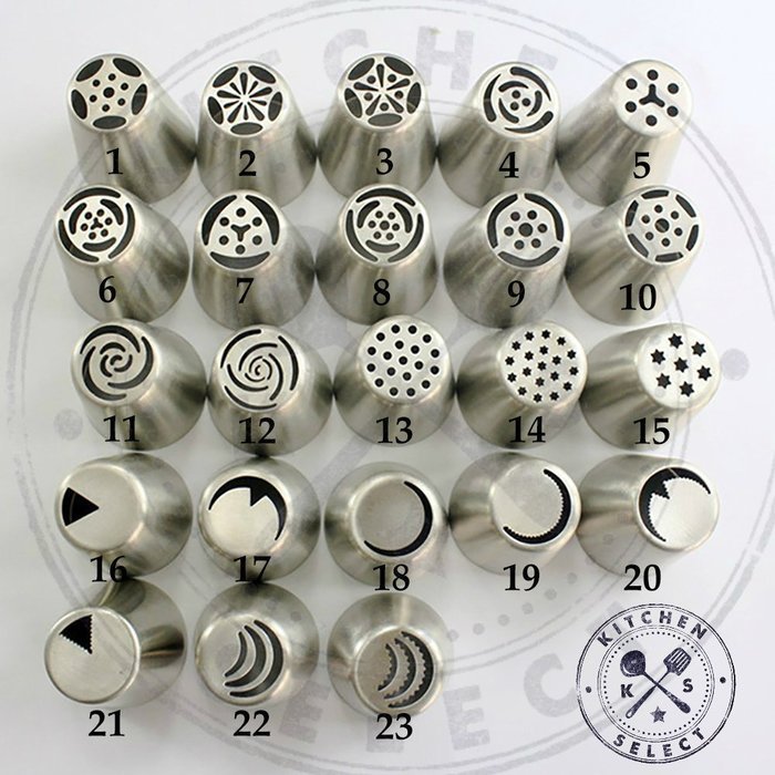 25 PIECE Russian Icing Piping Tips | COMPLETE Set | BONUS Coupler & Reusable Silicone Pastry Bag | Cake/Cupcake... N3