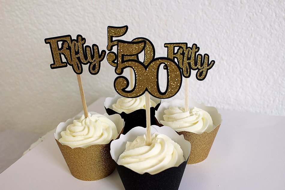 All About Details Black & Gold Fifty Cupcake Toppers, Set of 12