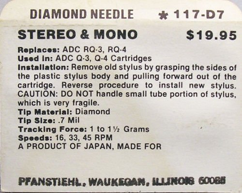 RECORD PLAYER STEREO TURNTABLE STYLUS NEEDLE ADC RQ3 RQ4 Q-3 ADC Q-4 117-D7 N4