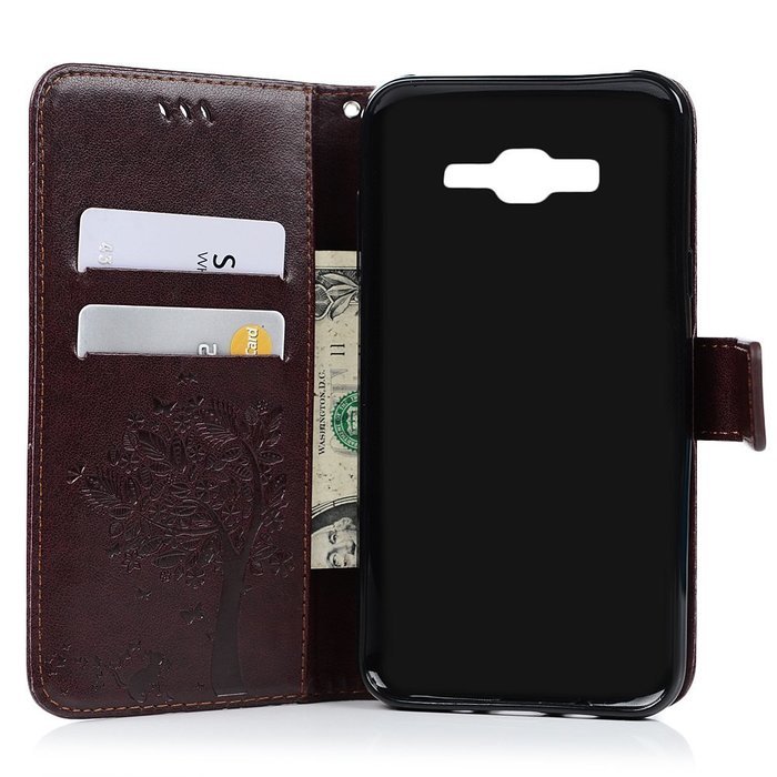J7 Case,Samsung Galaxy J7 Case (2015 Version) - Wallet Embossed Butterflies Tree Premuim PU Leather Soft TPU Inner... N8