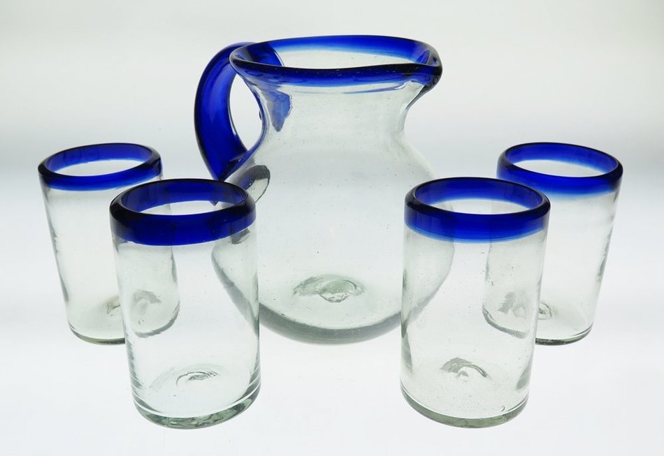 Mexican Glass Margarita or Juice Pitcher, Blue Rim, Bola or Bowl Shape 2+ Quarts