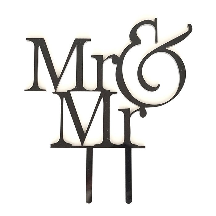 "Mr & Mr" Groom & Groom Silhouette Wedding Cake Topper Pick - High Gloss Black Finish