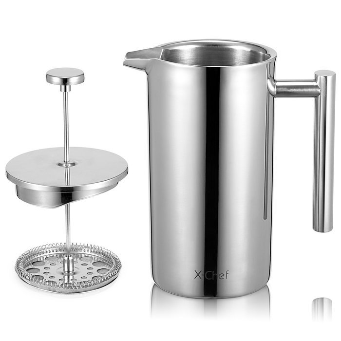 French Press, X-Chef Double Wall Stainless Steel Coffee Maker Camping French Press, (34oz,1L) Shatterproof Good... N5
