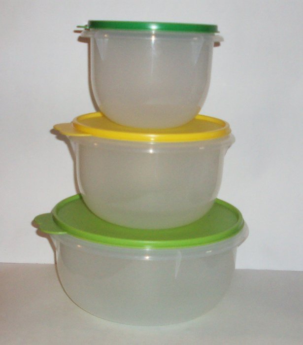 Vintage Tupperware Classic Flat Bottom Mixing Bowls Set Green Seals