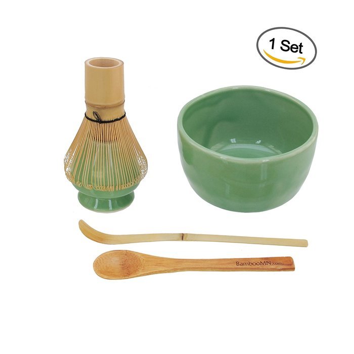 BambooMN Brand - Matcha Bowl Set (Includes Bowl, Rest,Tea Whisk, Chasaku, & Tea Spoon) 1 Set White N3