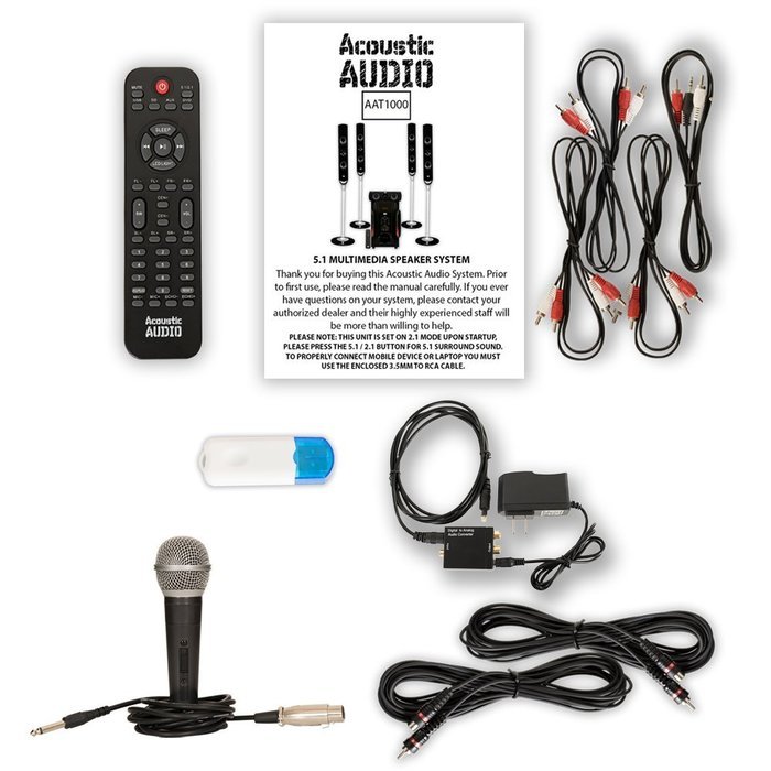Acoustic Audio AAT1000 Tower 5.1 Speakers with USB Bluetooth Optical Input Mic and 2 Extension Cables