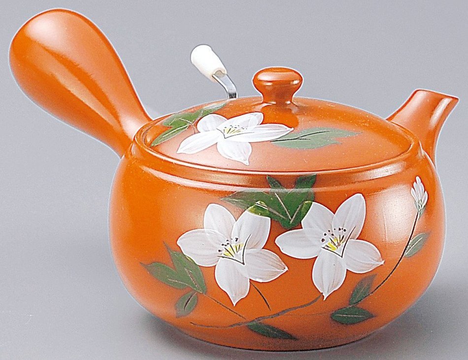 Yamakiikai pottery Orange Kyusu(Japanese teapot) with white flowers with a strainer 520cc GM953