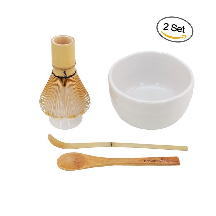 BambooMN Brand - Matcha Bowl Set (Includes Bowl, Rest,Tea Whisk, Chasaku, & Tea Spoon) 1 Set White N6