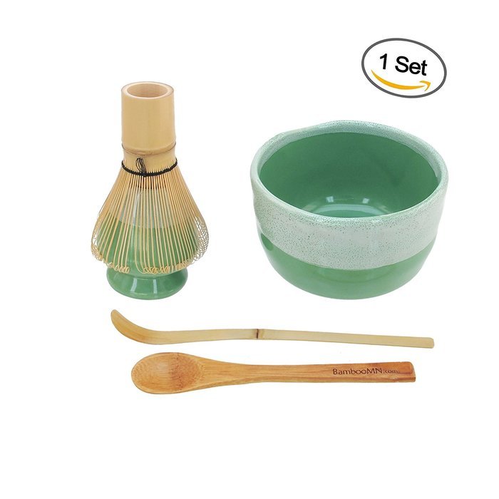 BambooMN Brand - Matcha Bowl Set (Includes Bowl, Rest,Tea Whisk, Chasaku, & Tea Spoon) 1 Set White N7