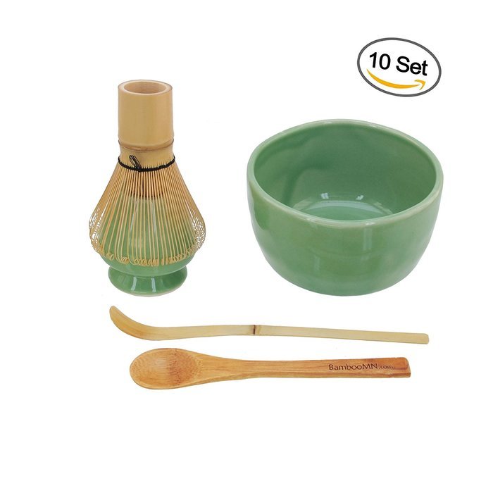 BambooMN Brand - Matcha Bowl Set (Includes Bowl, Rest,Tea Whisk, Chasaku, & Tea Spoon) 1 Set White N12